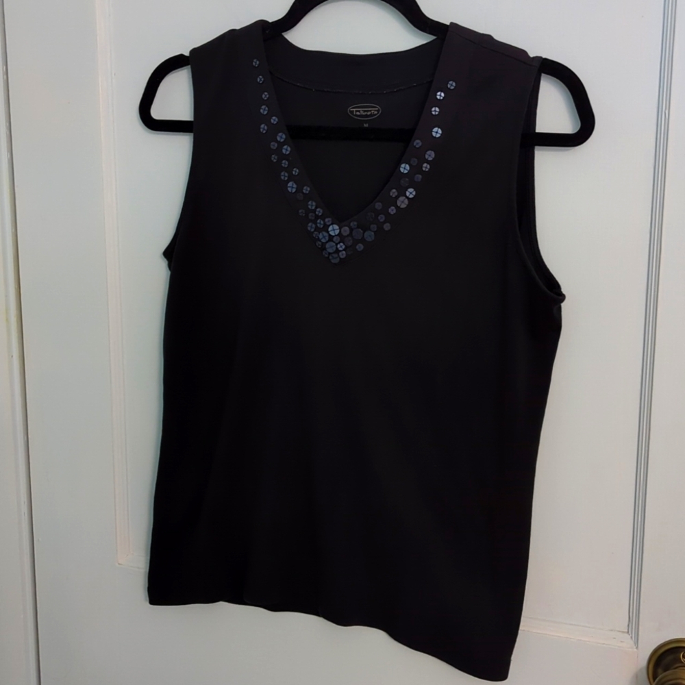 Talbots Sz M Black Sleeveless Tank with Sequins on V Neck